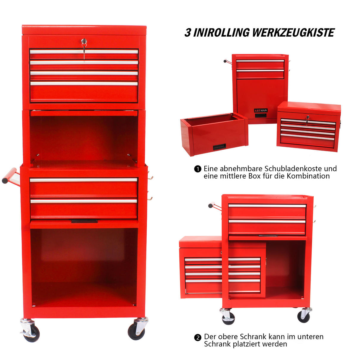 KOMBINATIONSKOFFER – ausgestattet mit 6 Schubladen und 4 Lenkrollen (rot) - Rot, Metall (33/110/60cm) - DCA