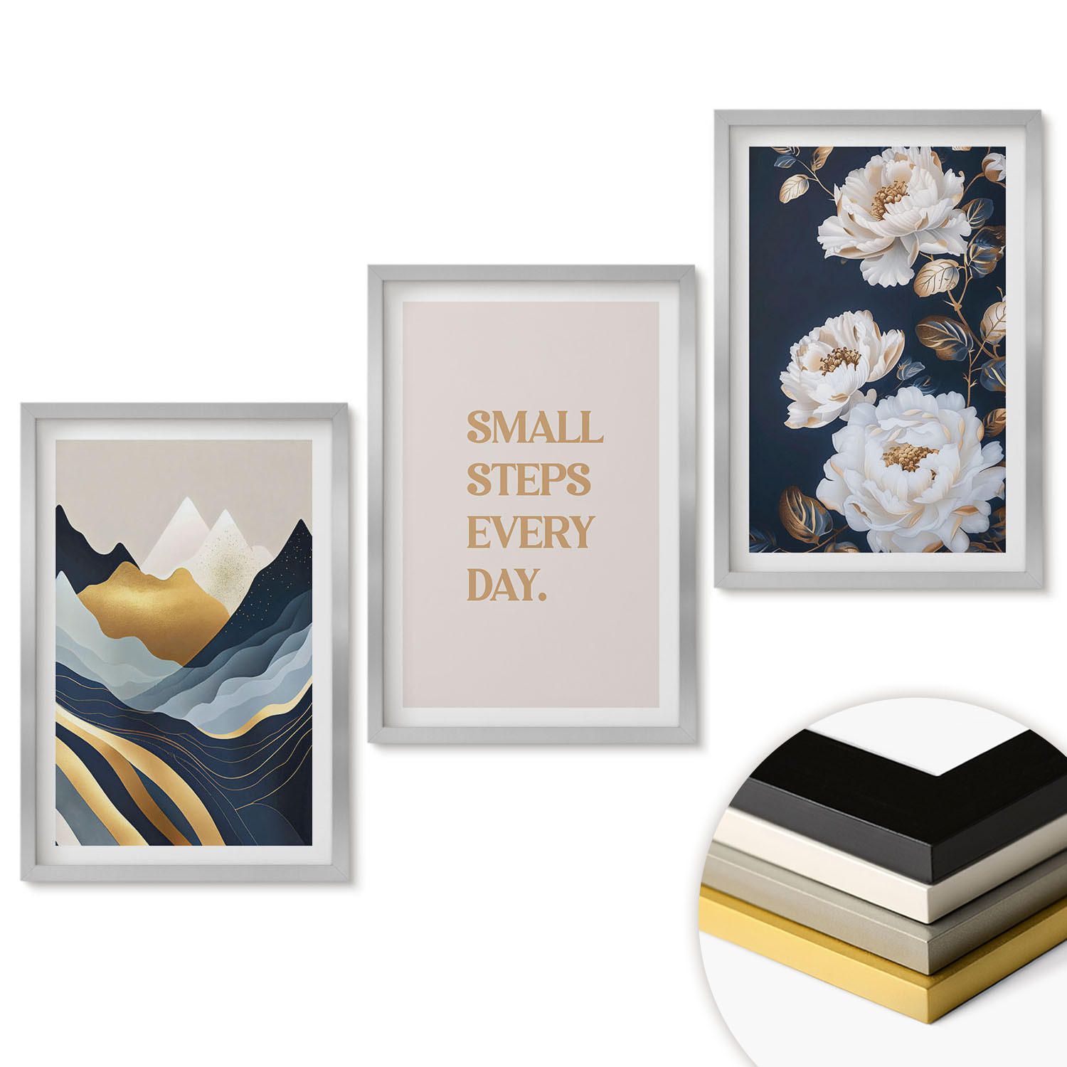 WANDBILDER 3er Set - 40x60 cm Silberner Rahmen - Abstrakte Berge und Blumen Inspiration - Silberfarben, Kunststoff (40/60cm) - ArtPrintCave
