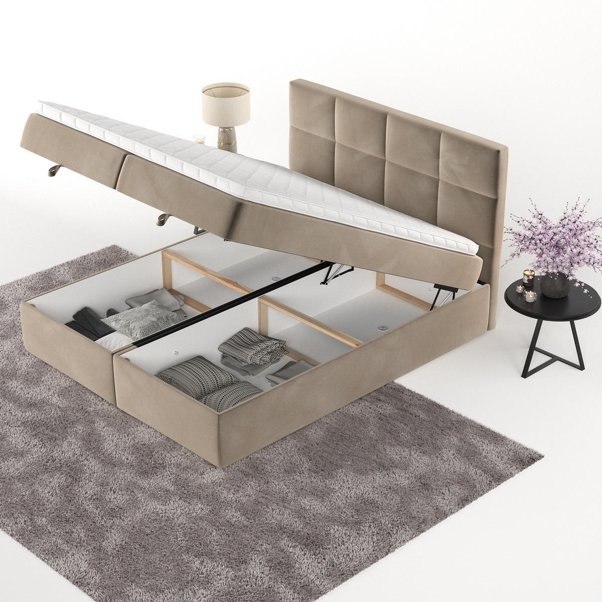 BOXBETT Velto 160/200 cm Taupe im Paros Stoff - Taupe/Schwarz, Holz/Holzwerkstoff (160/200cm) - AltaBeds