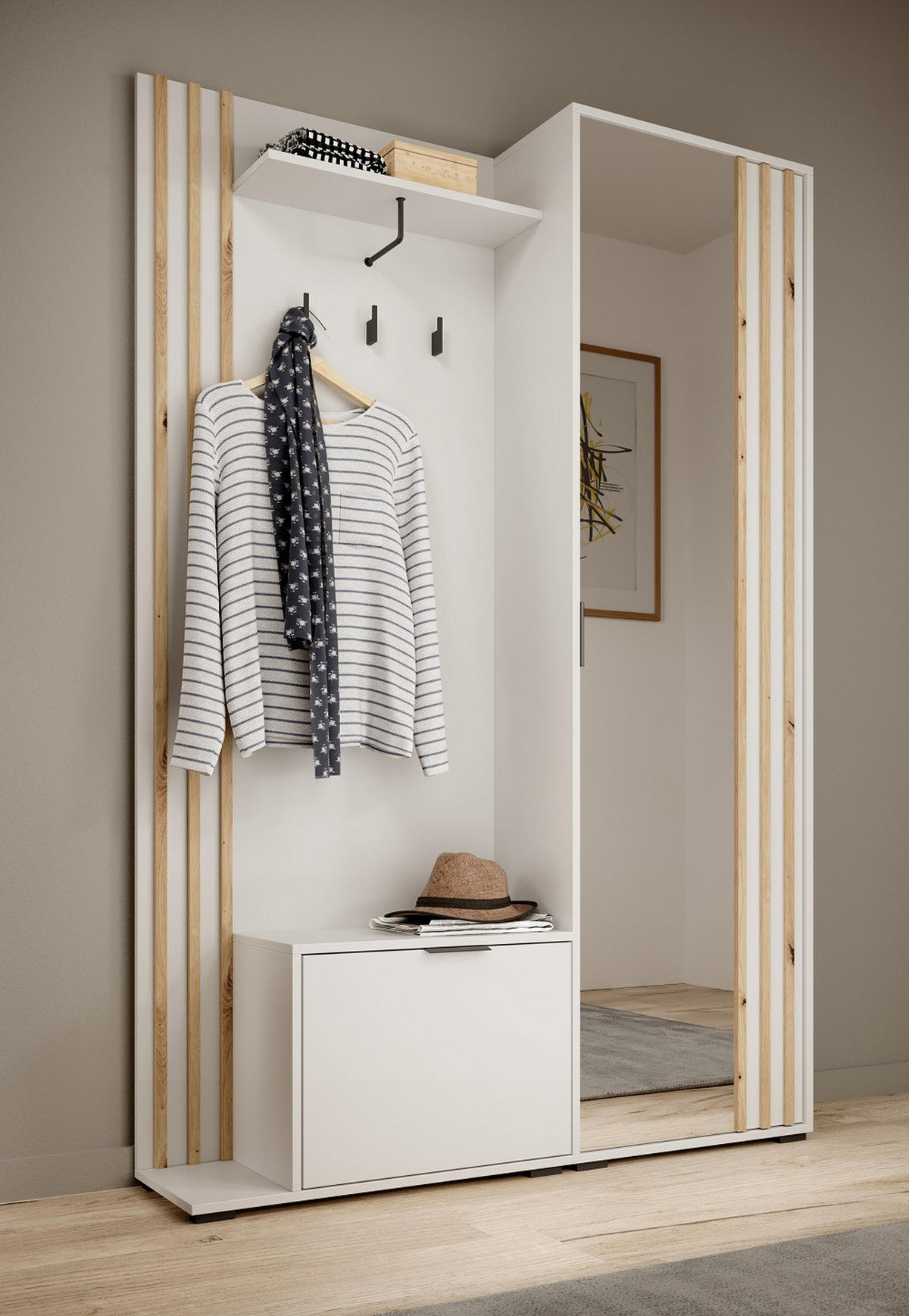 GARDEROBE Weiß MELA Mit Artisan Lamelle Mit Spiegel - Eiche Artisan/Weiß, Holzwerkstoff (131/192/40cm) - Sepro Meble