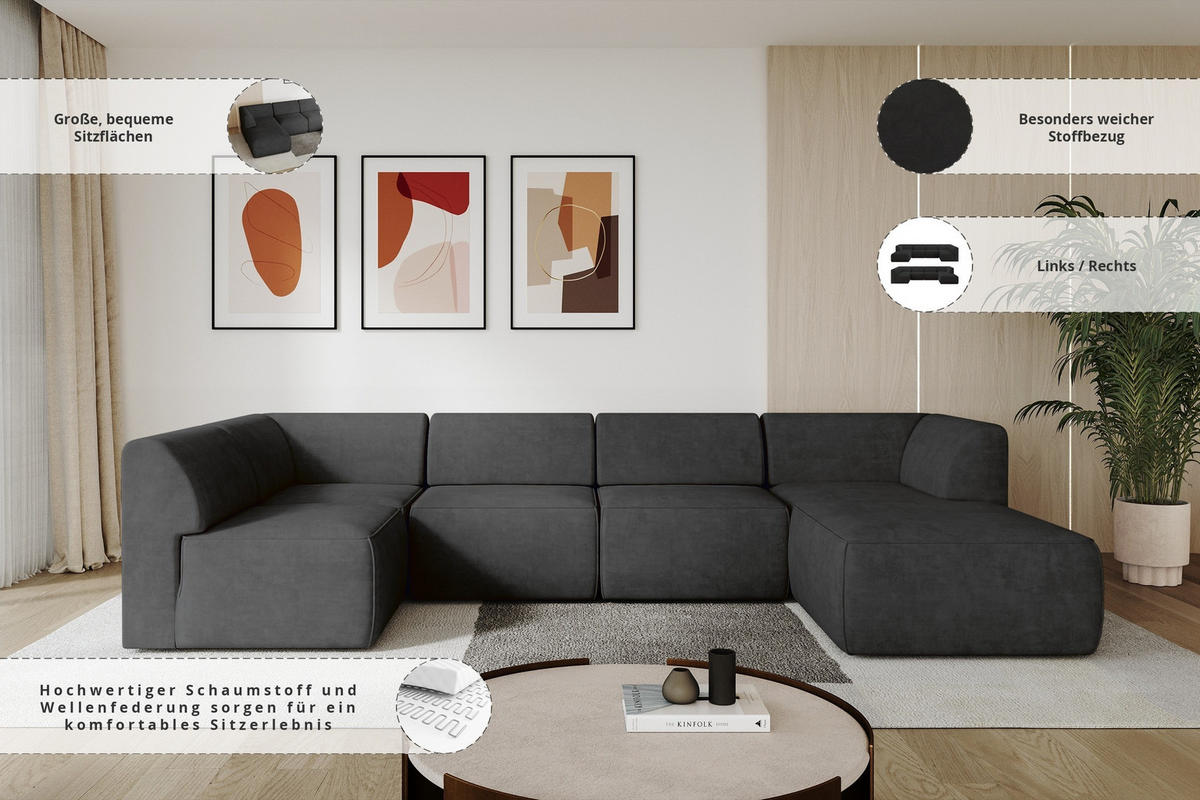 WOHNLANDSCHAFT Ottomane Rechts MOVA 345x180x78 Schwarz Samt - Schwarz, Holzwerkstoff/Kunststoff (345/78/180cm) - ALTDECOR