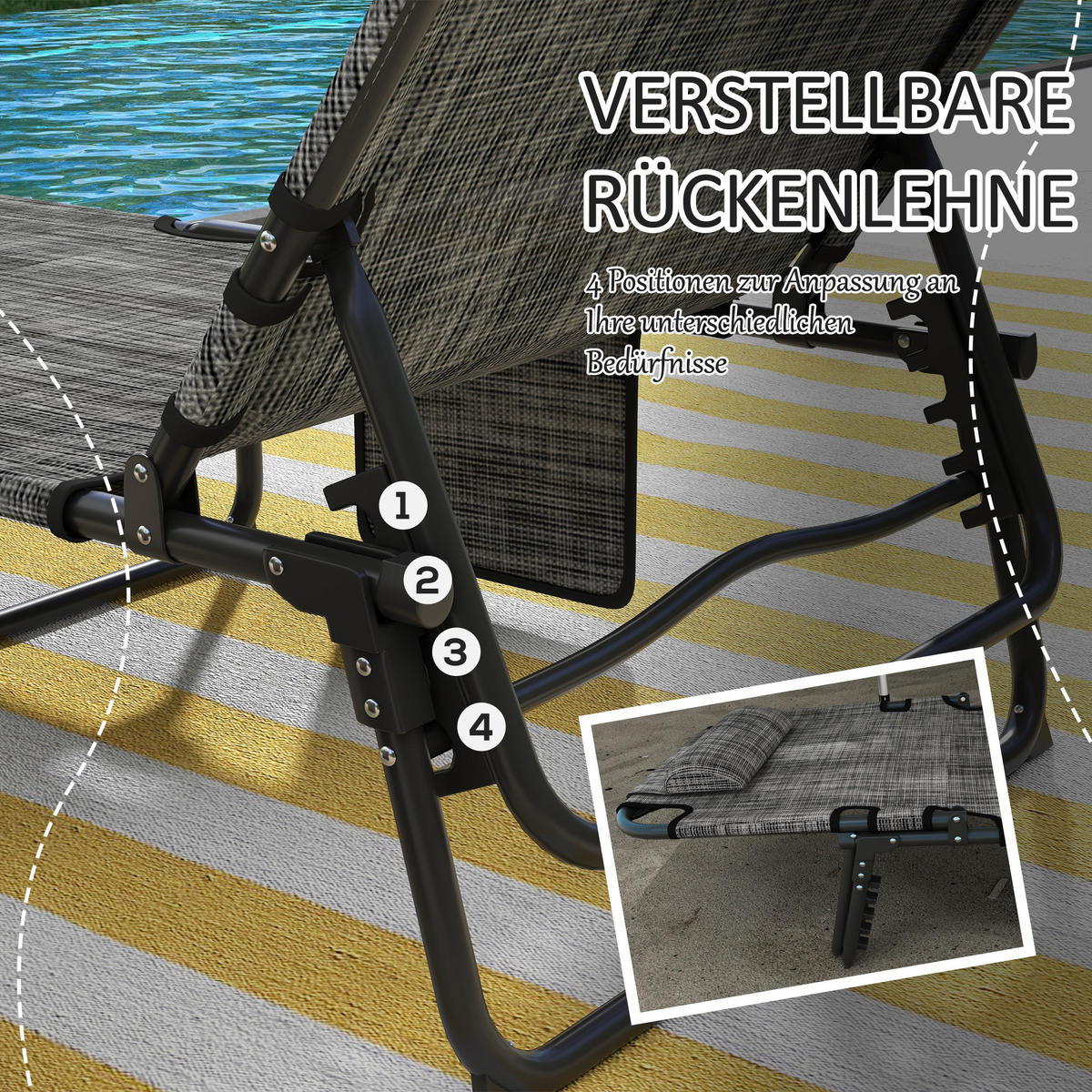 CAMPINGLIEGE, Klappbett mit Kopfkissen, verstellbarem Rückenlehne, Stahl, Grau - Grau, Textil/Metall (189/30/68cm) - Outsunny