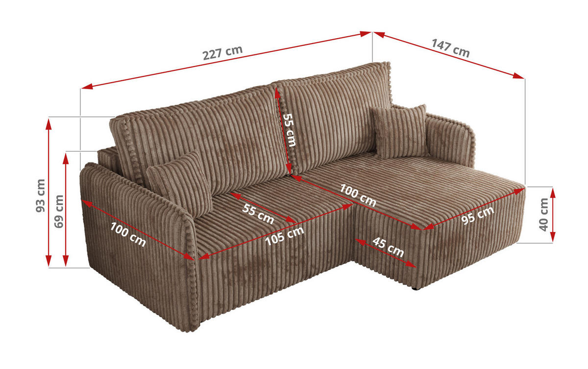 ECKSCHLAFSOFA MESTO L Braun Cord - links - Schwarz/Braun, Kunststoff/Textil (227/147cm) - MKS