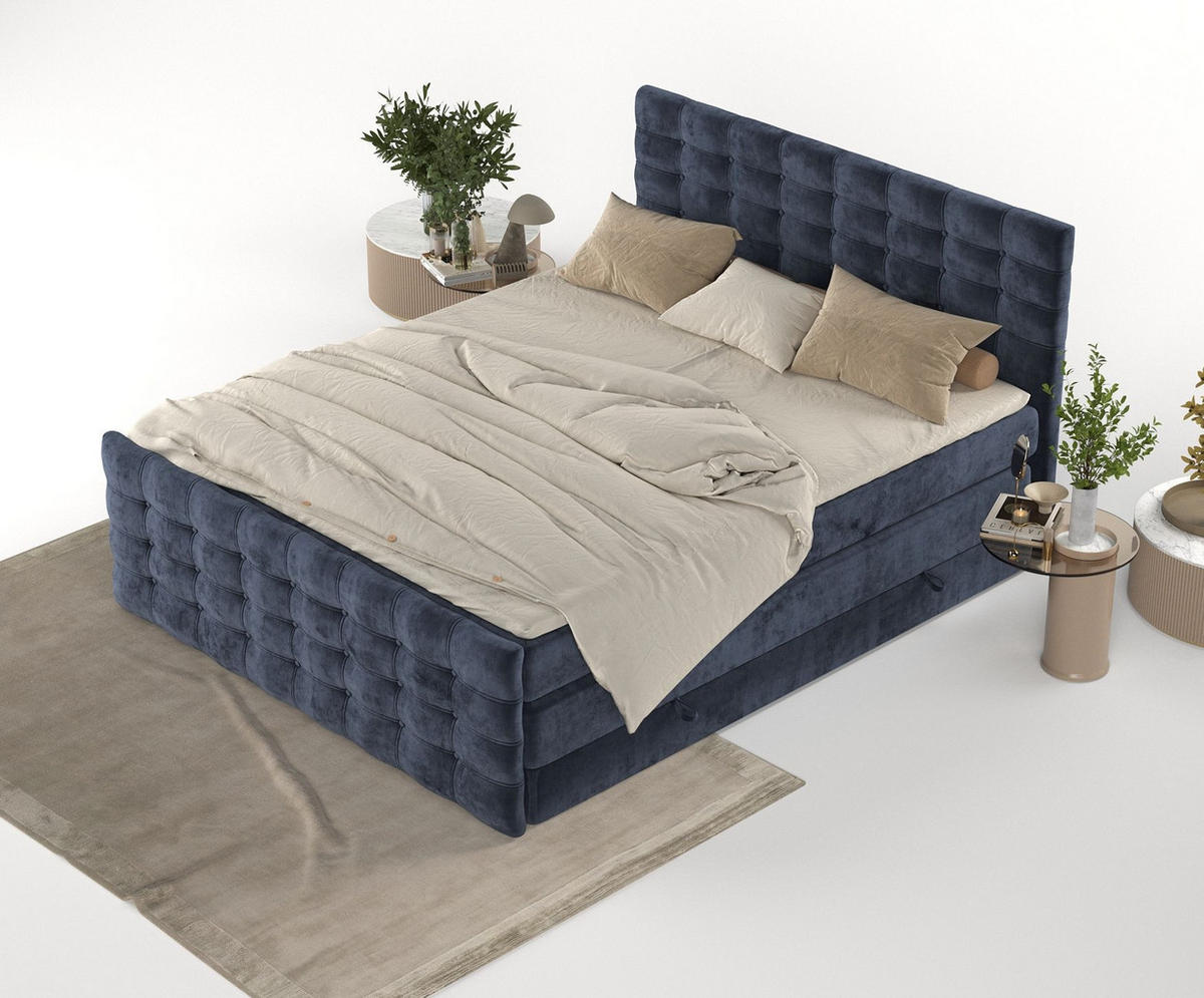 BOXSPRINGBETT Blend Marineblau 180/200 cm mit Matratze und Topper - Schwarz/Dunkelblau, Holz/Holzwerkstoff (180/200cm) - Maison de Reve