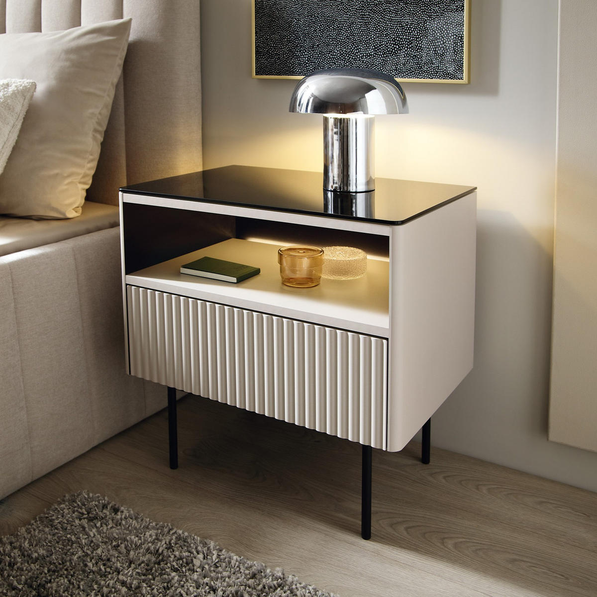 HIGHBOARD DIJON S57 57 cm (Kaschmir, Antisol-Glasplatte, LED) - Kaschmir/Schwarz, Glas/Holz (57/57/39cm) - Ravio