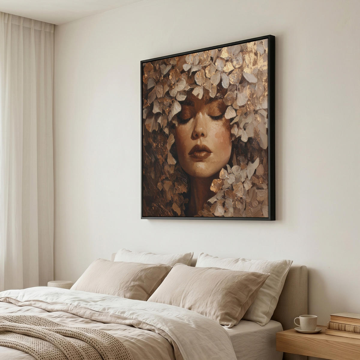 LEINWAND Bilder mit Rahmen - Gesicht - Dame - Blätter - Pinselstriche - 90x90 - Goldfarben, Textil (90/90cm) - MuchoWow