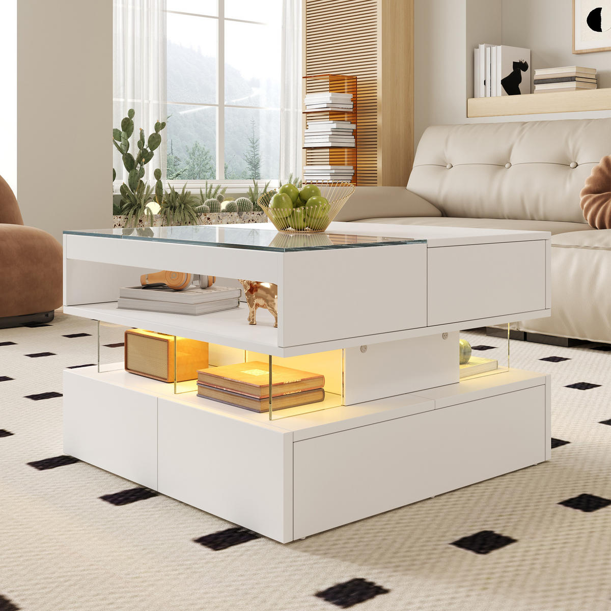 COUCHTISCH 70/67/57 cm mit anhebbarer Tischplatte, LED-Beleuchtung, Glasplatte und Stauraum, Weiß - Weiß, Holzwerkstoff (70/67/57cm) - Redom