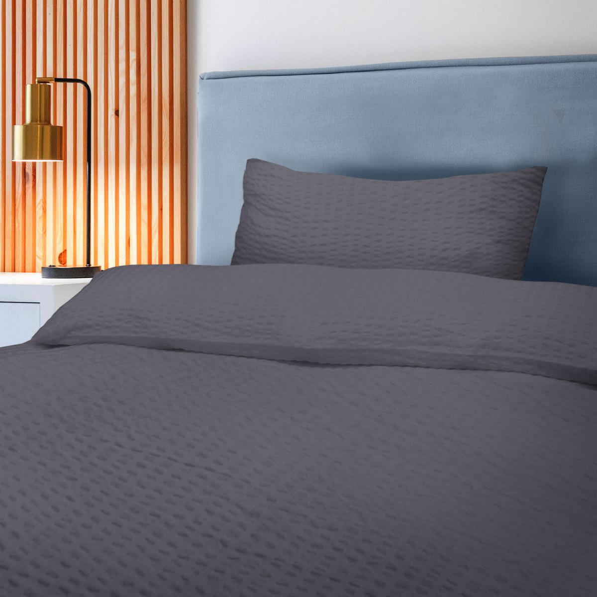 BETTWÄSCHE Meline 135/200 cm + Kissenbezug 40/80 cm Anthrazit Seersucker - Anthrazit, Textil (40/80cm) - Beautissu 