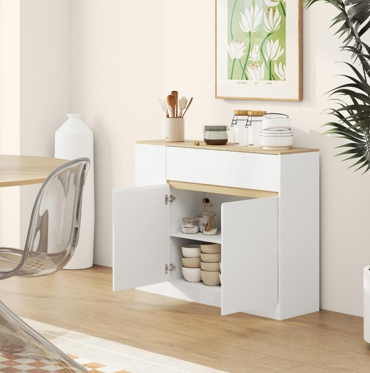 SIDEBOARD aus Spanplatte 105x30x81,5 cm Weiß mit Schublade, verstellbaren Einlegeböden und Kippschutz - Weiß, Holzwerkstoff (105/81.5/30cm) - IVMEU