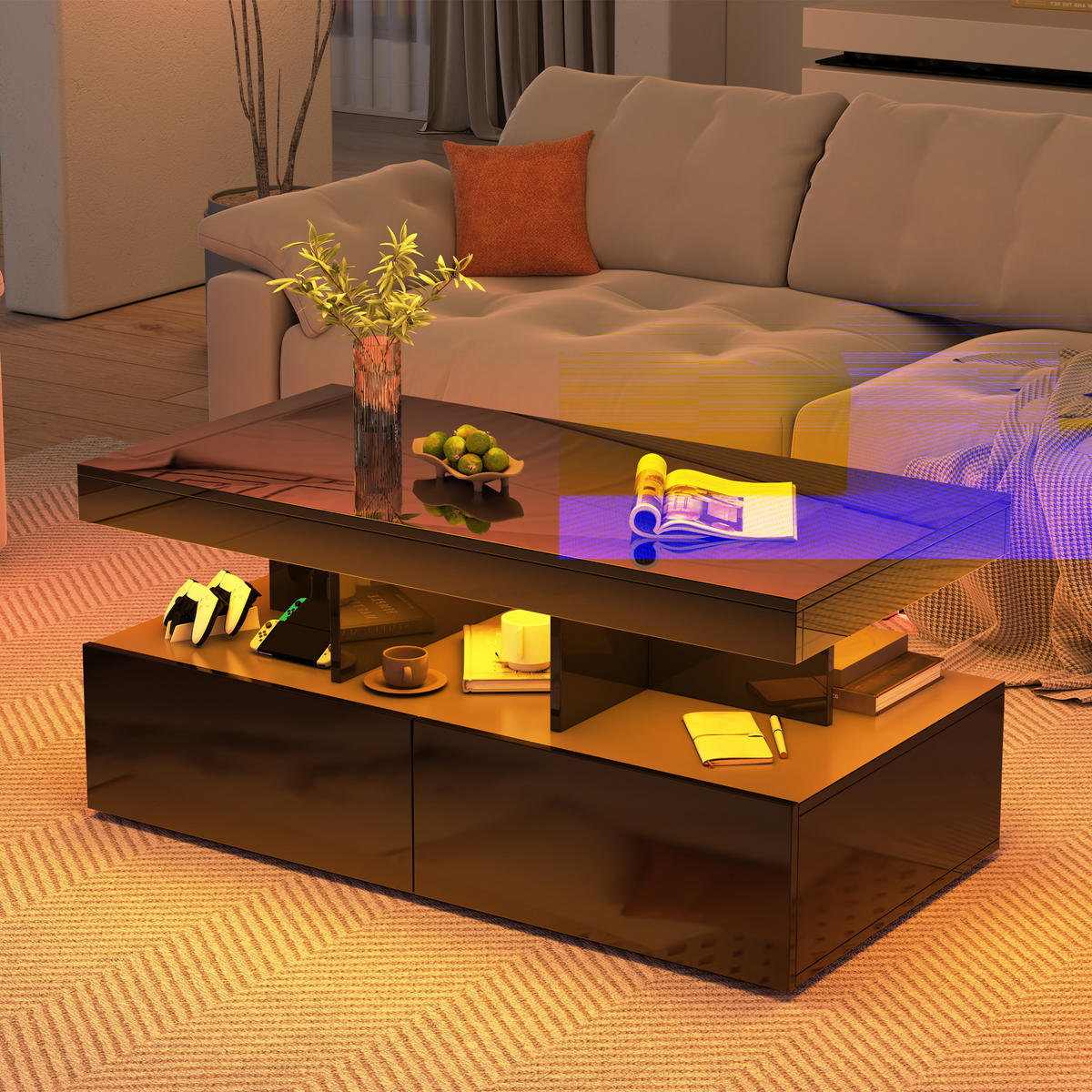 COUCHTISCH mit LED Stauraum Schublade 104x53x46 cm - Schwarz, Holzwerkstoff (104/53/46cm) - SHOPENTRA
