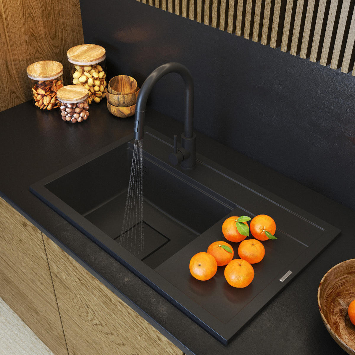 KÜCHENSPÜLE Rendo mit Siphon Batterie - Schwarz, Kunststoff/Stein (51/22/81cm) - Granitan