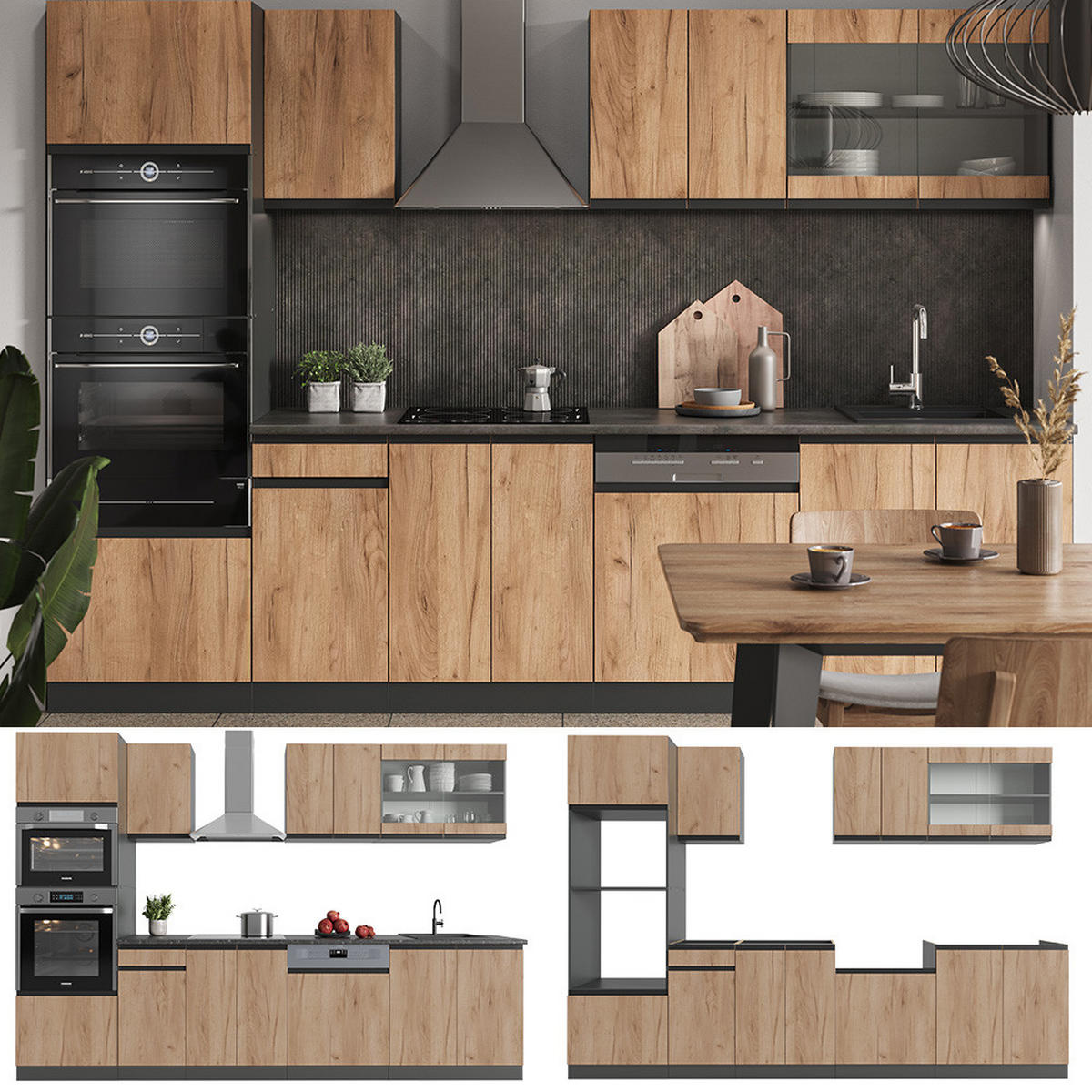 KÜCHENZEILE R-Line Goldkraft Eiche/Anthrazit 300 cm J-Shape ohne AP - Honigeiche/Anthrazit, Holzwerkstoff (300/81.6/46cm) - Vicco