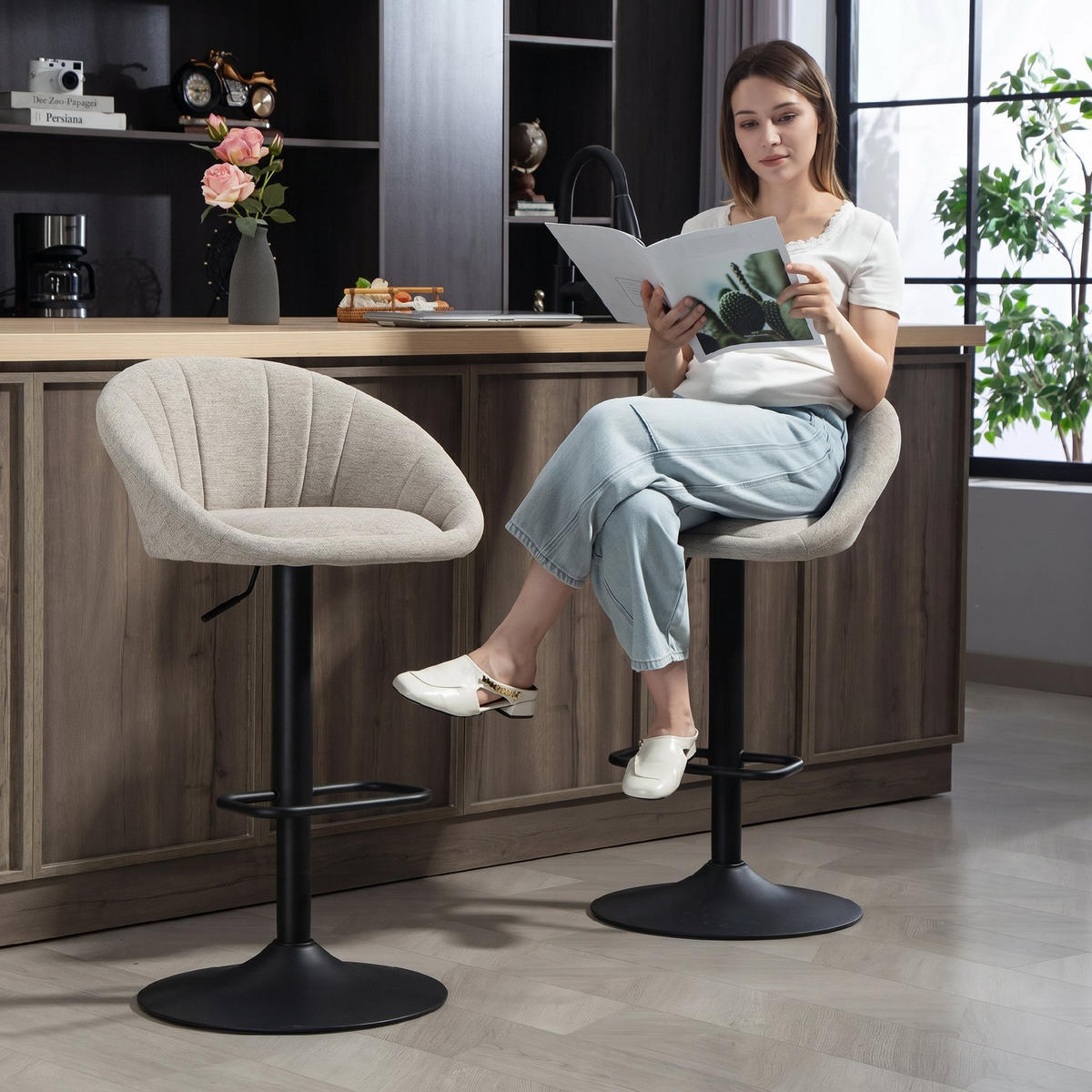 BARHOCKER 2er Set Polyester Beige - Beige/Schwarz, Textil/Metall (46/103/53.5cm) - HOMCOM