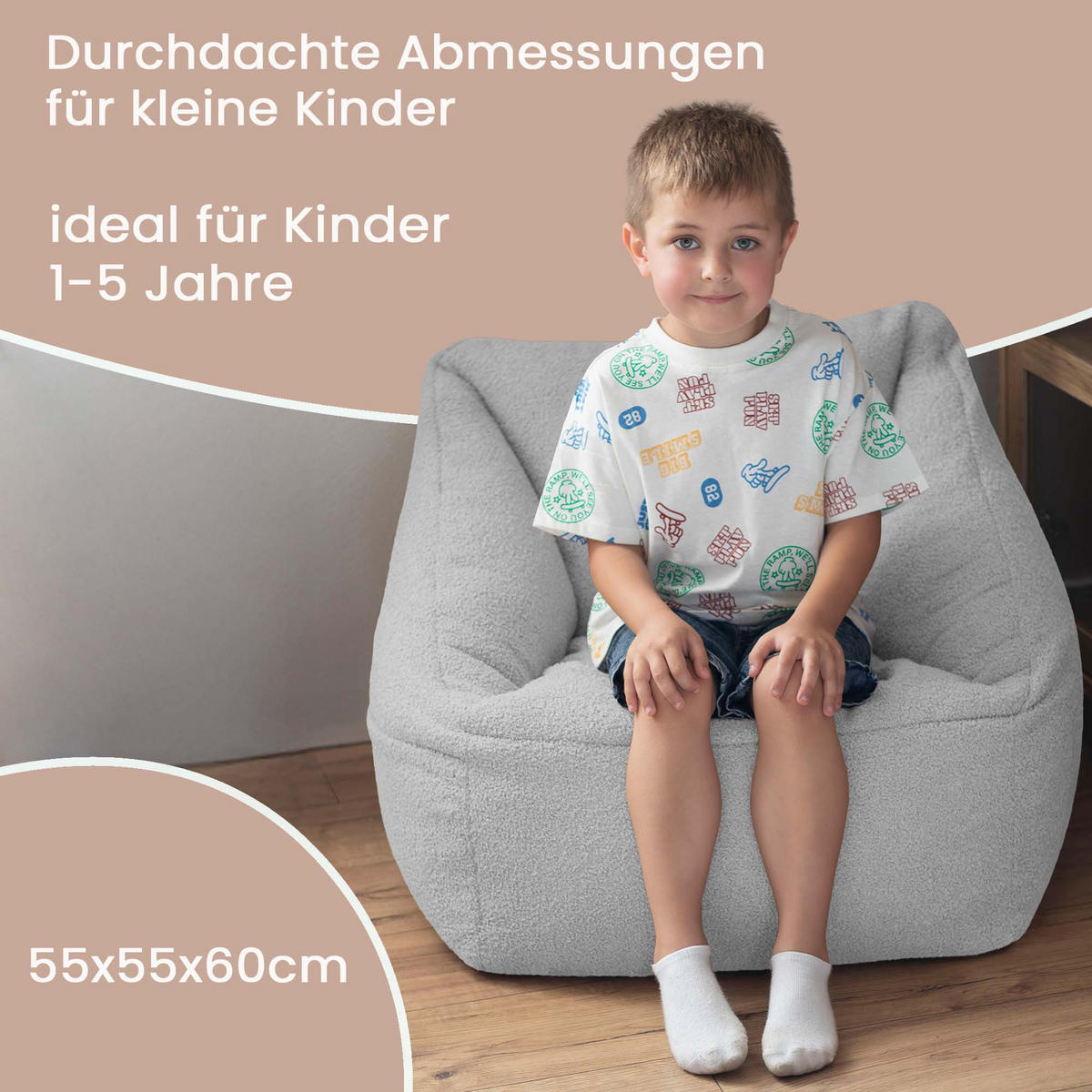 SITZSACK-SESSEL Bambino 55/60/55 cm, weicher Cord 380 g/m², mit Griff & Seitentasche, Hellgrau - Hellgrau, Textil (55/55/60cm) - Dreamroots