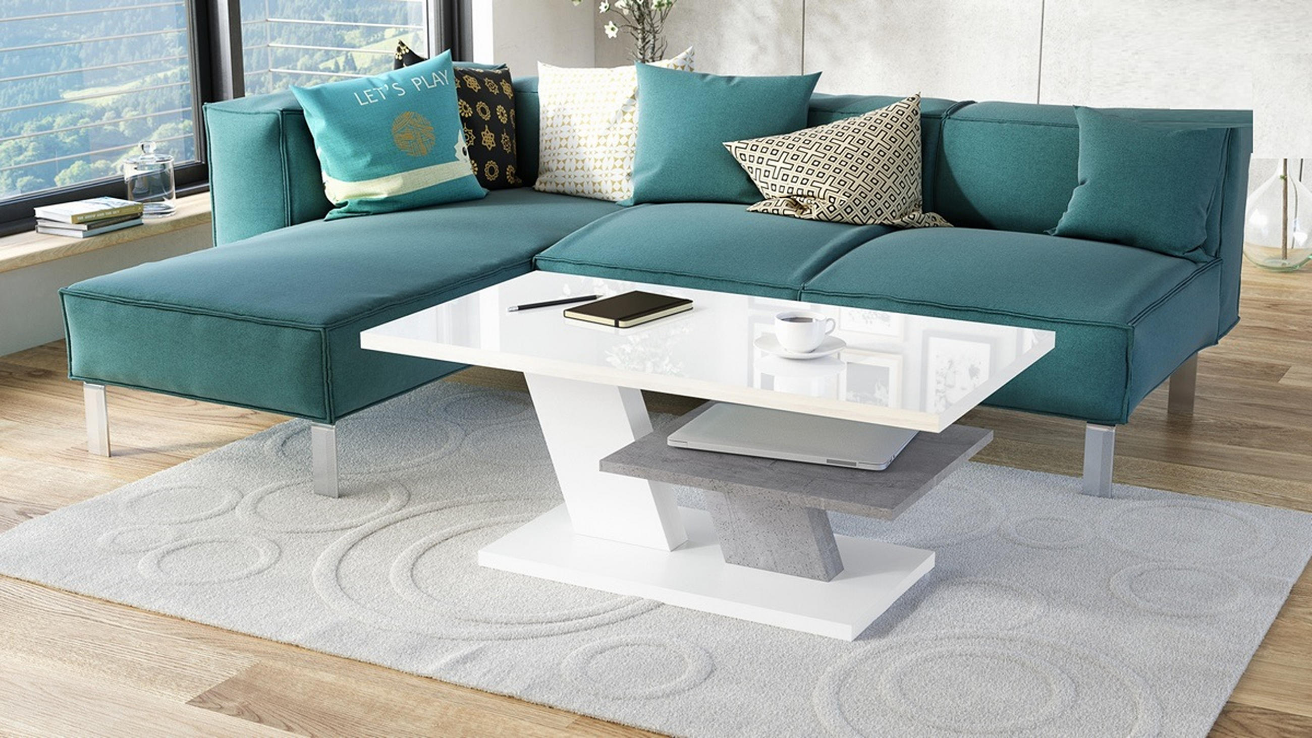COUCHTISCH rechteckig Weiß Hochglanz Beton mit Ablage - Weiß Hochglanz/Grau, Holzwerkstoff (60/110/45cm) - designimpex