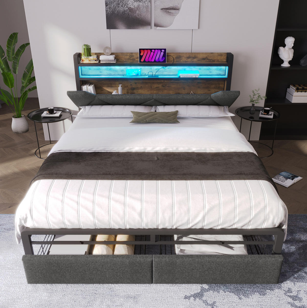 POLSTERBETT mit Matratze, USB, LED und Schubladen 160x200 cm Grau - Grau, Metall (160/200cm) - Meubliv