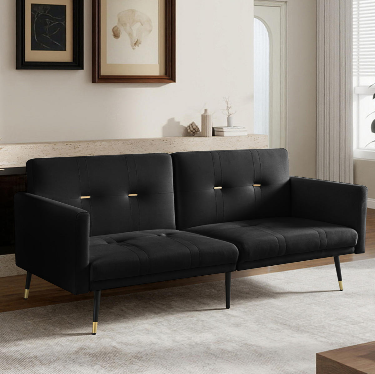 SCHLAFSOFA 2-Sitzer mit verstellbaren Rückenlehnen Samt Black - Schwarz, Holzwerkstoff (164/70/89cm) - Meubliv