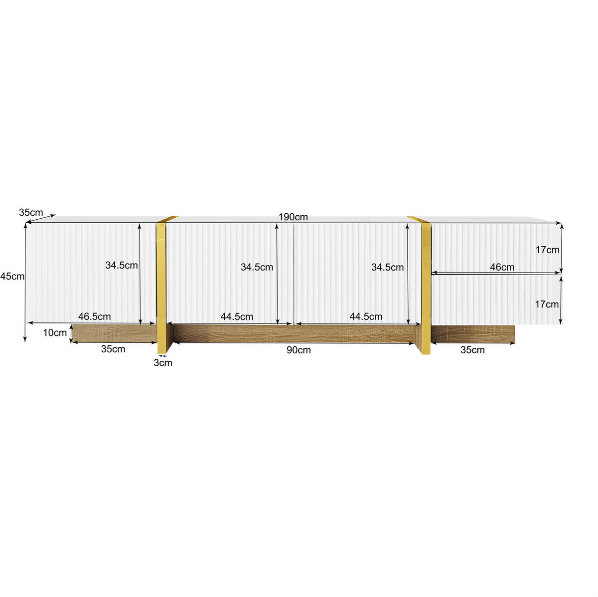 TV-ELEMENT mit 3 Türen und 2 Schubladen 190 cm Weiß Gold - Weiß, Holzwerkstoff (35/45/190cm) - Beauniv