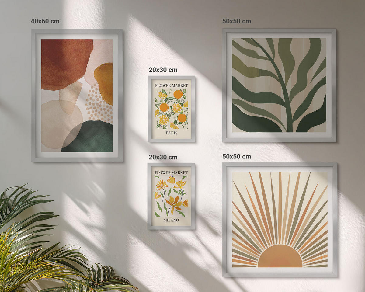 WANDBILDER 5er Set - 50x50 cm & 20x30 cm & 40x60 cm Silberner Rahmen - Abstrakte Blumenmotive - Silberfarben, Kunststoff (40/60cm) - ArtPrintCave