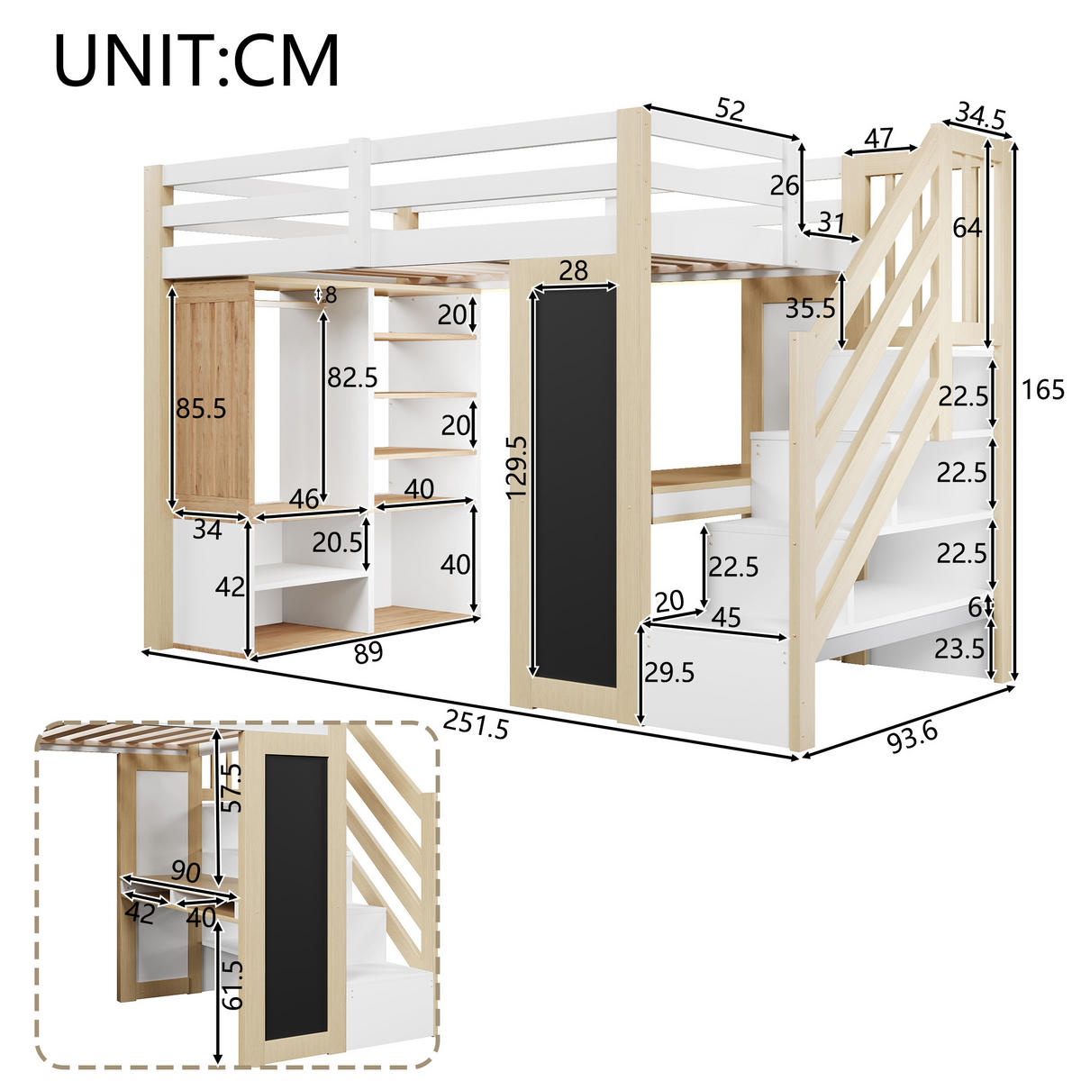 HOCHBETT 90/200 cm in Weiß & Natur mit Schreibtisch, Kleiderschrank und LED - Weiß/Naturfarben, Holz/Holzwerkstoff (90/200cm) - WISHDOR
