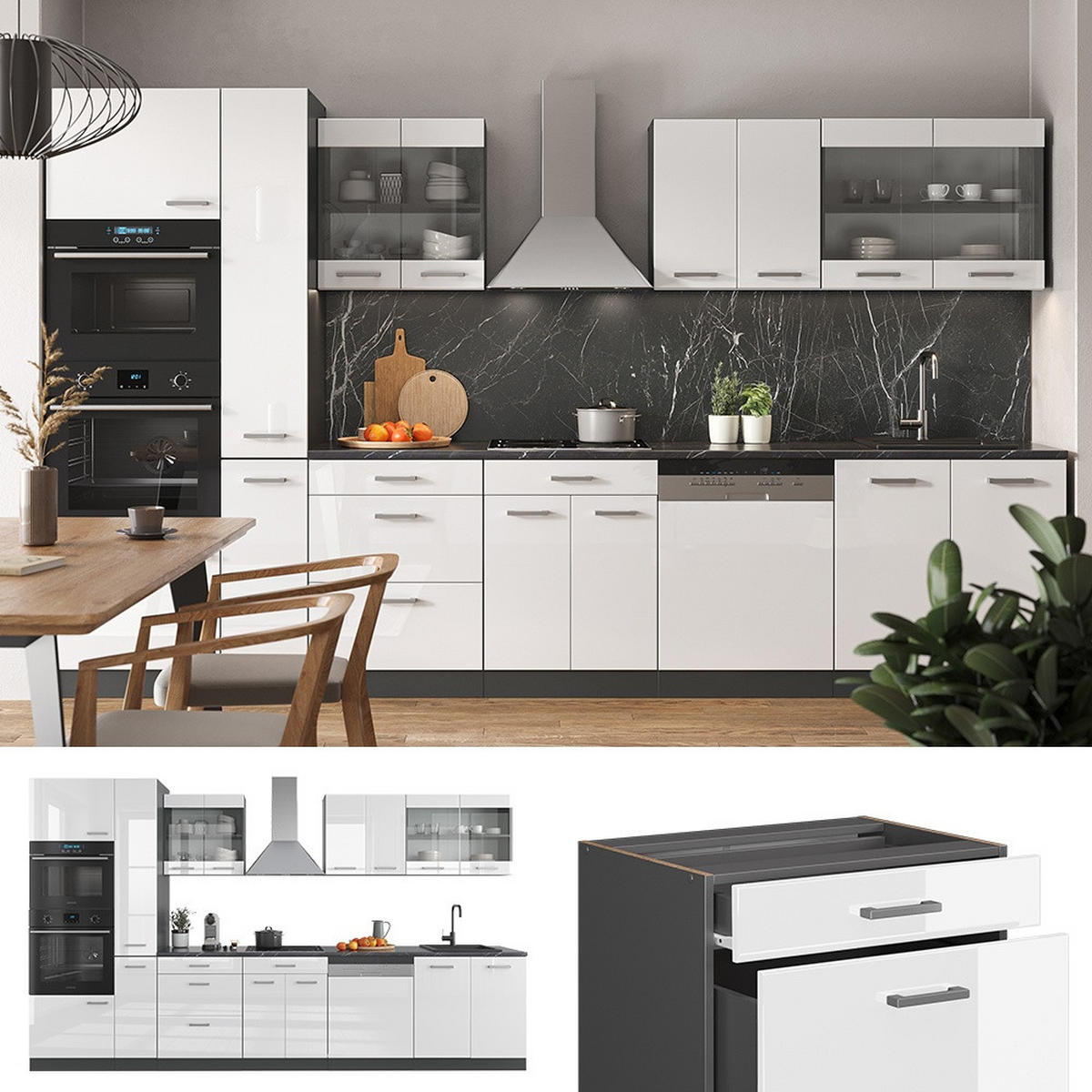 KÜCHENZEILE R-Line Weiß Hochglanz/Anthrazit 350 cm mit Hochschrank, ohne Arbeitsplatte - Weiß Hochglanz/Anthrazit, Holzwerkstoff (350/81.6/46cm) - Vicco