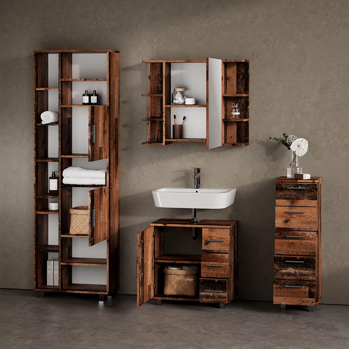 BADMÖBEL-SET Eisak Eiche rustikal 4 Teile - Wildeiche, Holzwerkstoff (60/60/33cm) - Livinity®