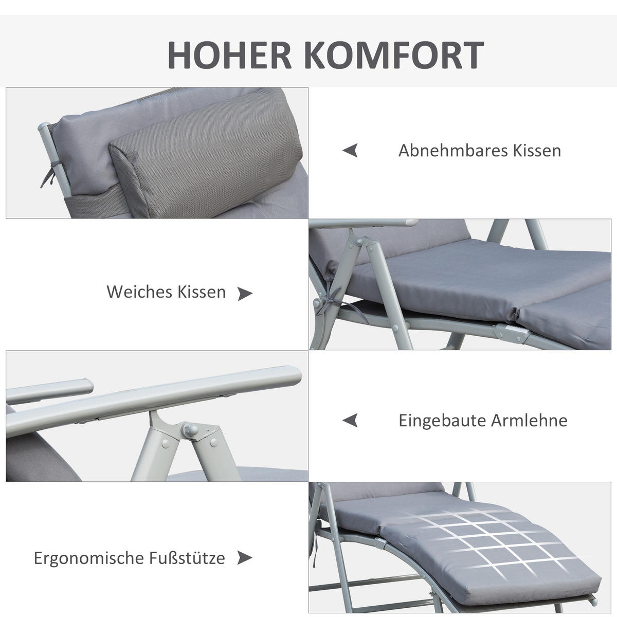 SONNENLIEGE, verstellbar, 137 x 63,5 x 100,5 cm, Metall, Stoff, Grau - Grau, Kunststoff (137/5/63cm) - Outsunny