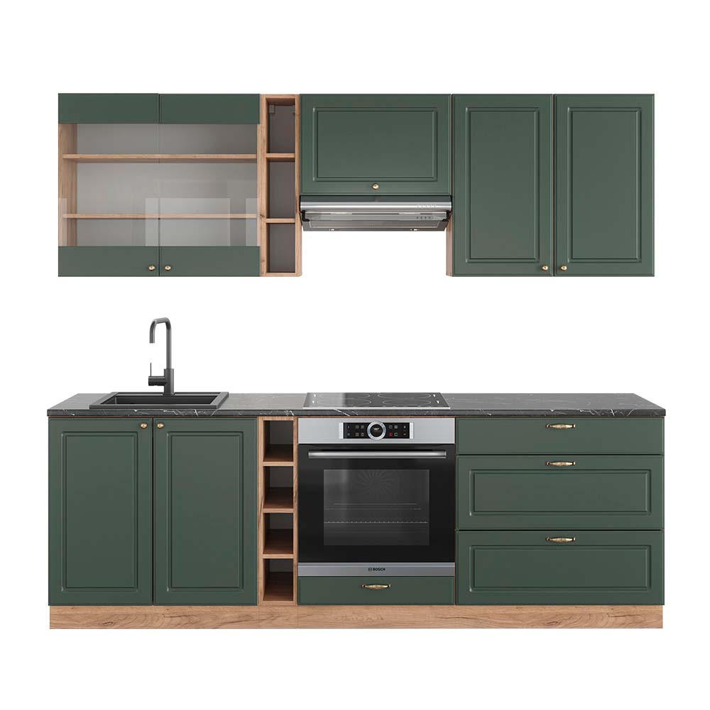 KÜCHENZEILE Fame-Line Grün-Gold Landhaus/Goldkraft Eiche 235 cm AP Anthrazit - Eiche Wotan/Grün, Holzwerkstoff (235/81.6/60cm) - Vicco