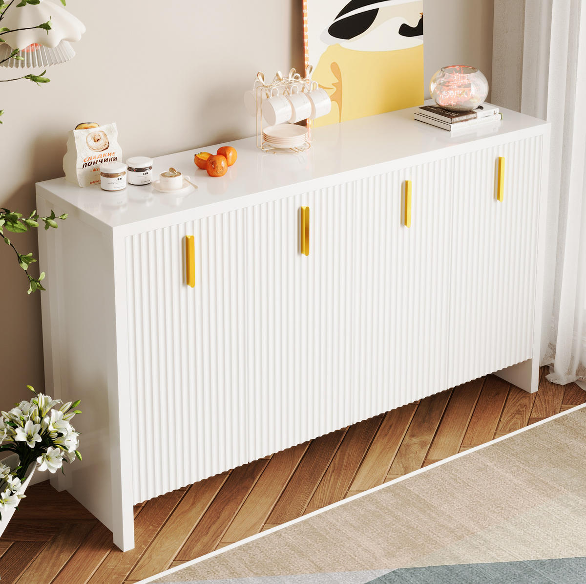 KOMMODE aus Spanplatte 140x38x80cm in Weiß mit 4 Türen - Weiß, Holzwerkstoff (140/80/38cm) - Modfu