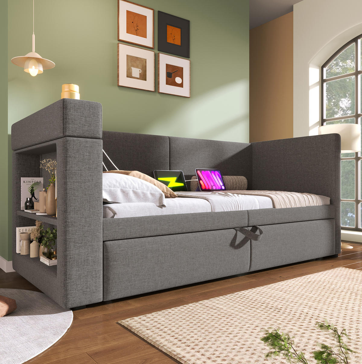 POLSTERBETT 90/200 cm mit Ausziehbett, USB- und Type-C-Anschluss, Getränkehaltern und Ablagen, Baumwoll-Leinen-Bezug, Grau - Grau, Textil (90/200cm) - Redom