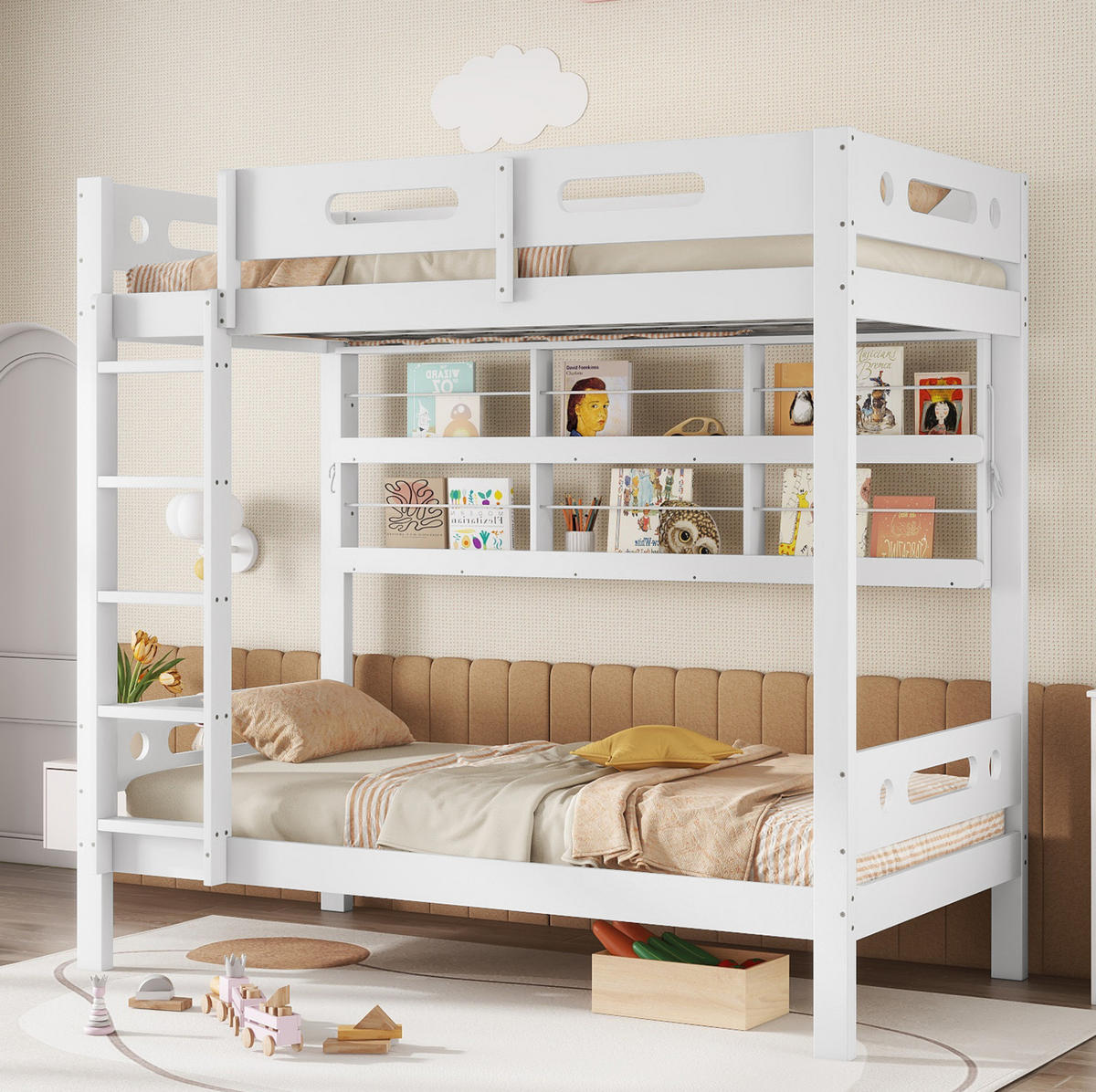 ETAGENBETT 90/200 cm in Weiß/Natur mit Regal und 5-stufiger Leiter - Weiß, Holz (90/200cm) - OKMYHOME