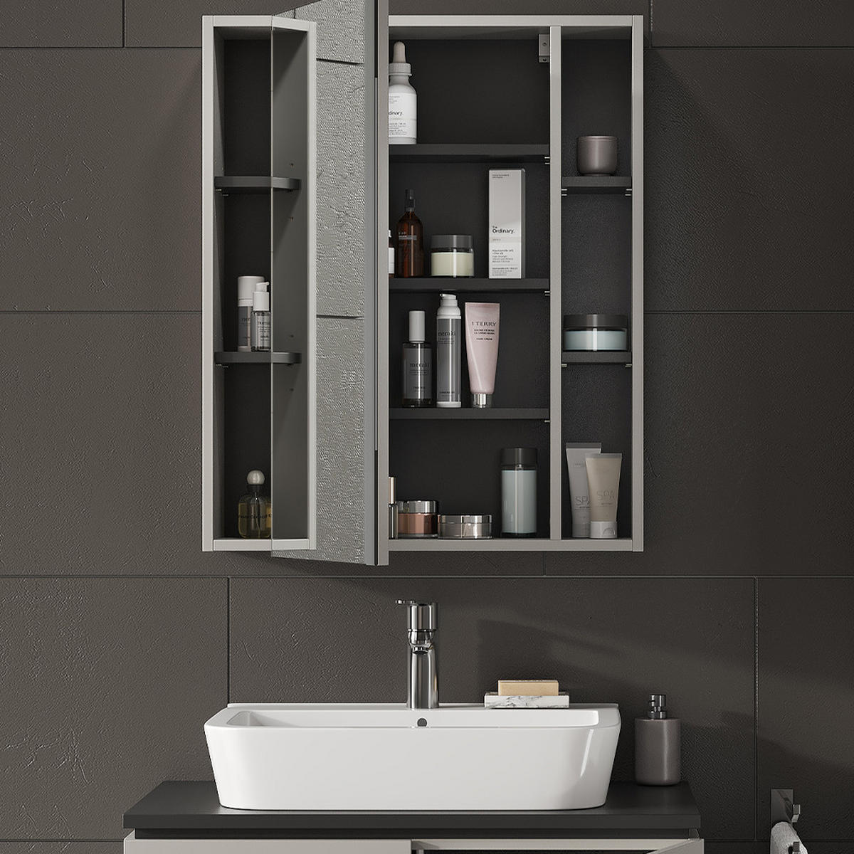 BADSPIEGELSCHRANK Gerta Grau 65 x 80 cm mit Tür und offenen Fächern - Grau, Holzwerkstoff (65/80/20cm) - Vicco