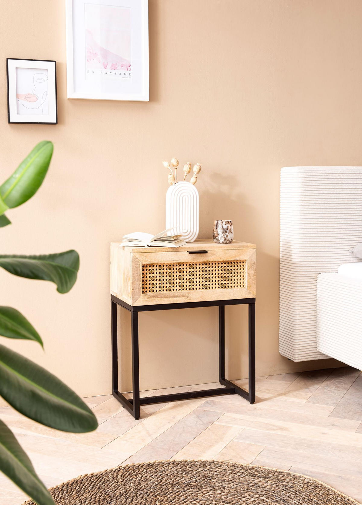 NACHTTISCH – Mango Massivholz/Rattan, 50x60x30 cm, 1 Schublade, Wiener Geflecht - Schwarz/Braun, Holz/Metall (50/60/30cm) - KADIMA DESIGN