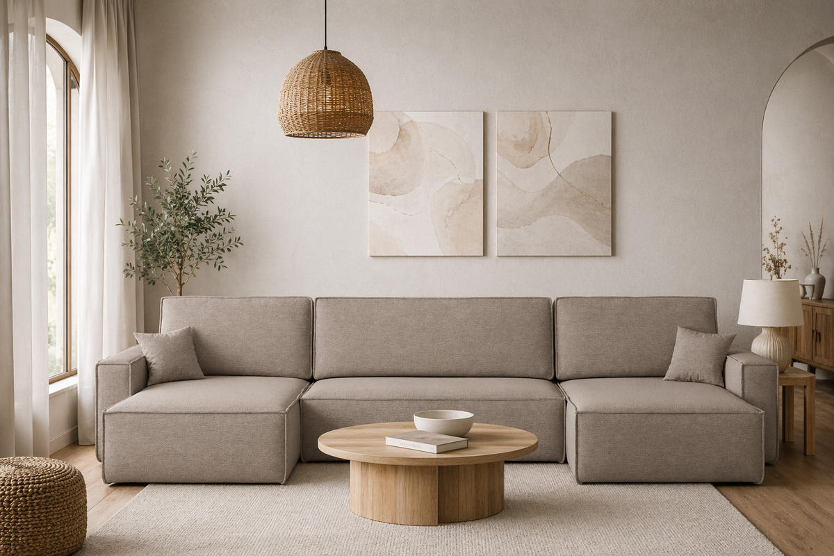 ECKSOFA Mit Schlaffunktion Und Bettkasten, Eckcouch BEST U XL Stoff Verita Warmbeige - Ecru, Holz (142/372cm) - Kaiser Möbel
