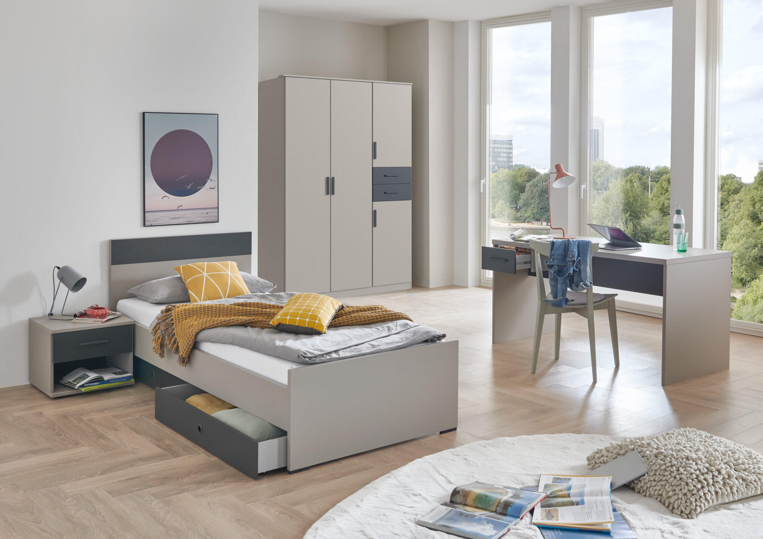 JUGENDZIMMER Bahamas Saharagrau- Grafit 6 teilig mit Drehtürenschrank - Grau, Holzwerkstoff (80/200/120cm)