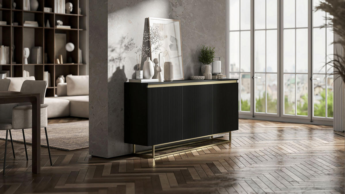 KOMMODE Selene 3D Schwarz Matt mit geriffelten Fronten Glamour 167 cm - Goldfarben/Schwarz, Holzwerkstoff/Metall (167/79/35cm) - Meble Lindner