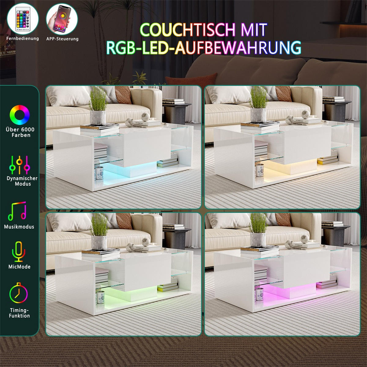 COUCHTISCH mit RGB-LED-Beleuchtung und Glasablagen - Hochglanz - Wohnzimmertisch rechteckig - Weiß - Weiß, Holzwerkstoff (100/50/35cm) - DELFA