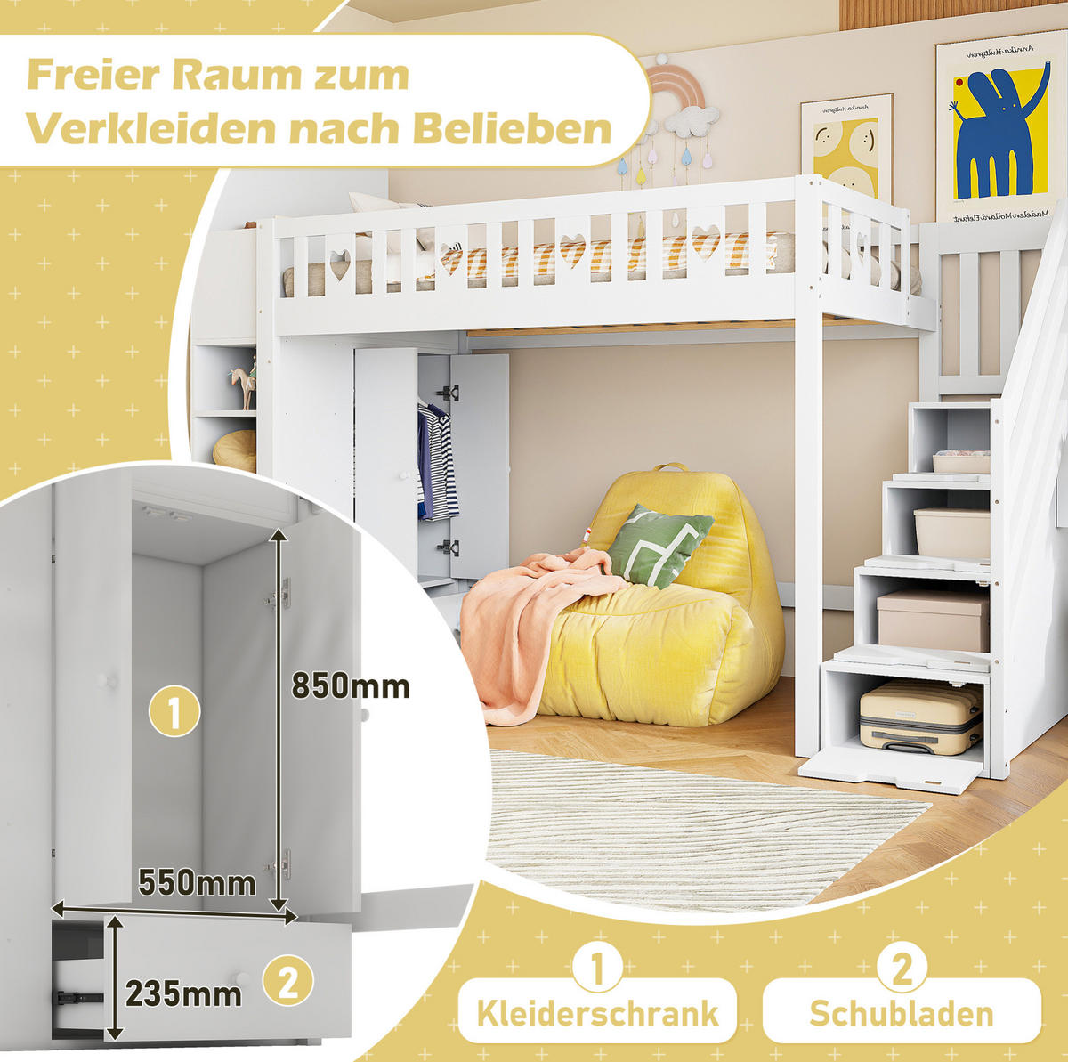 HOCHBETT 90/200 cm Weiß aus Kiefernholz und MDF mit Stauraumleiter - Weiß, Holzwerkstoff (90/200cm) - OKMYHOME