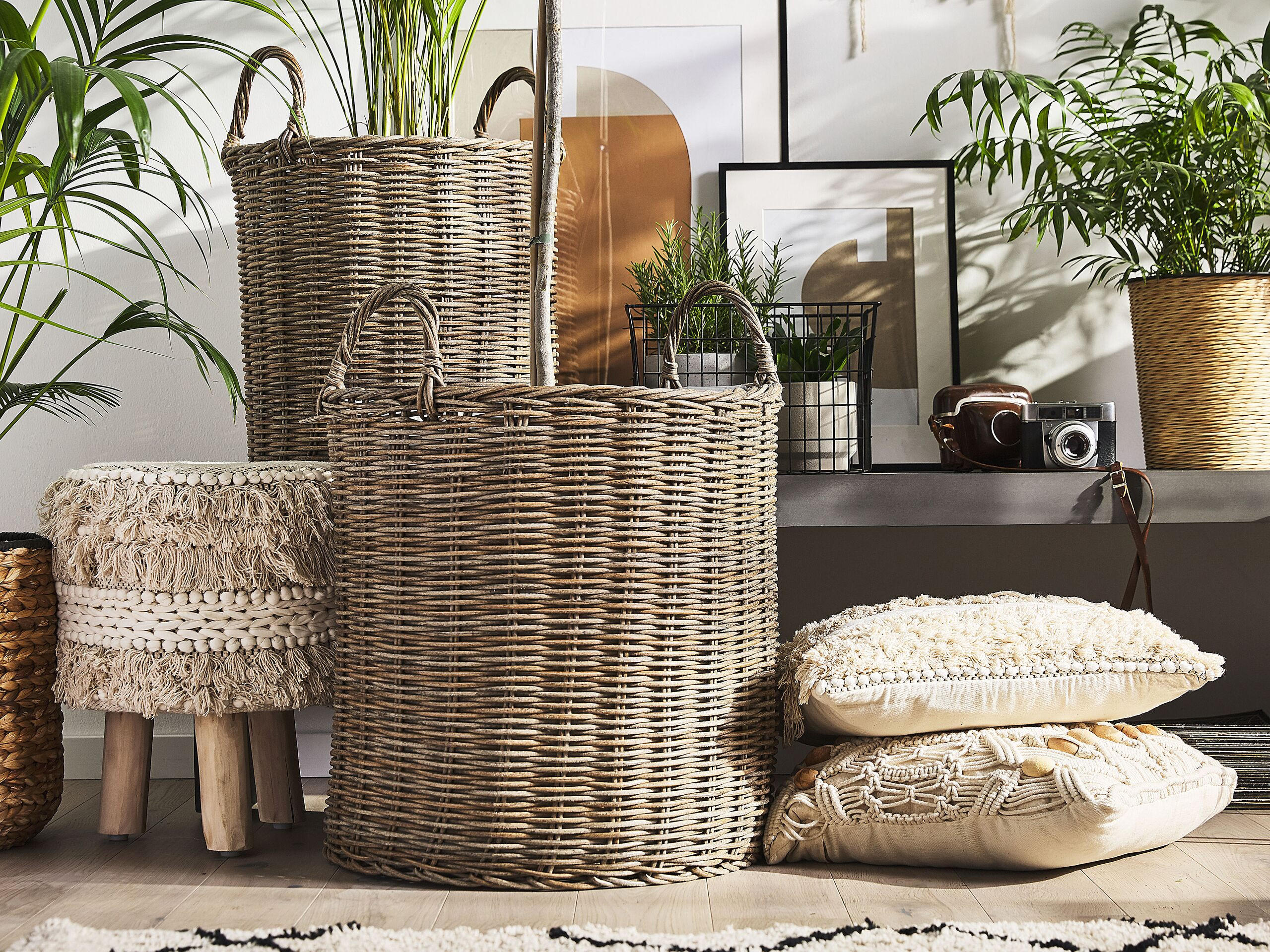 BLUMENKORB 2er-Set Rattan sandbeige rund 50-48/41-40 cm Bitola - Braun, Kunststoff (54cm) - Beliani