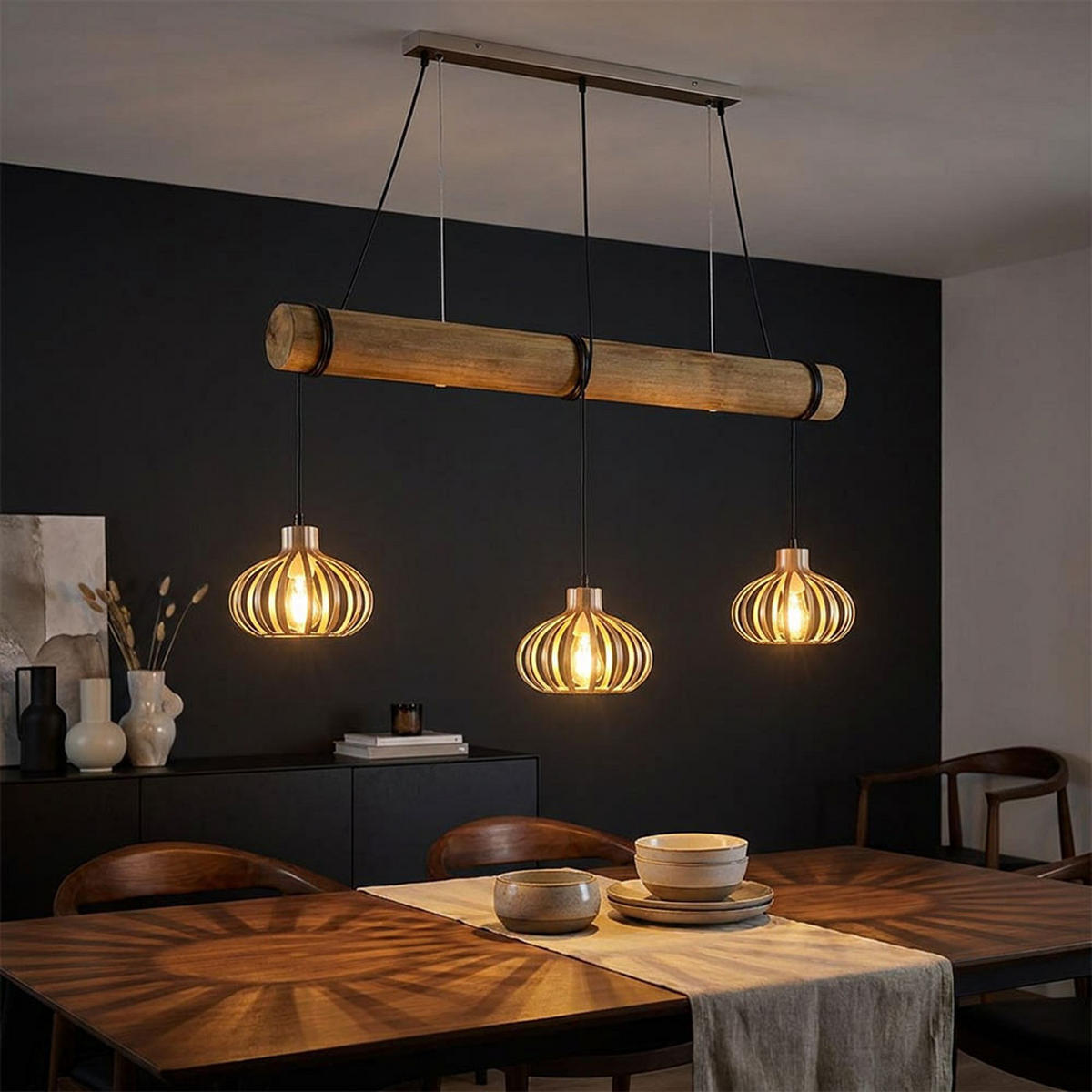 LED HÄNGELEUCHTE CALDWELL, Metall, Beige, 3-flammig - Beige, Holz (100/20/150cm) - Globo Lighting