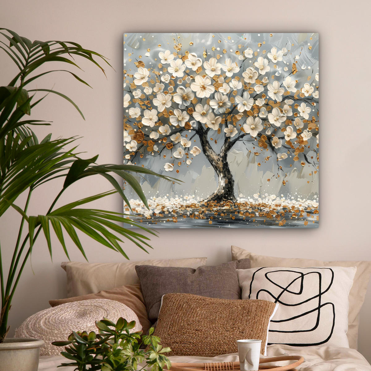 LEINWANDBILD Baum - Blumen - Weiß - Natur - Kunst 90x90 cm - Weiß, Textil (90/90cm) - MuchoWow