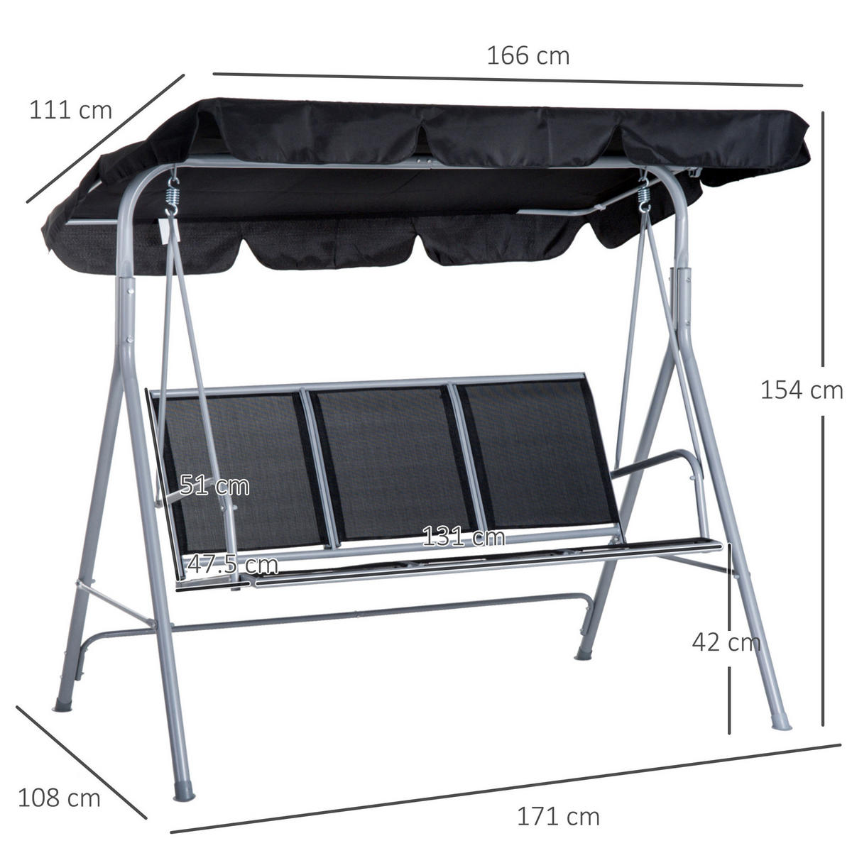 HOLLYWOODSCHAUKEL 171/108/154 cm aus Metall mit verstellbarem Verdeck Grau - Grau, Metall (108/154/171cm) - Modenvie