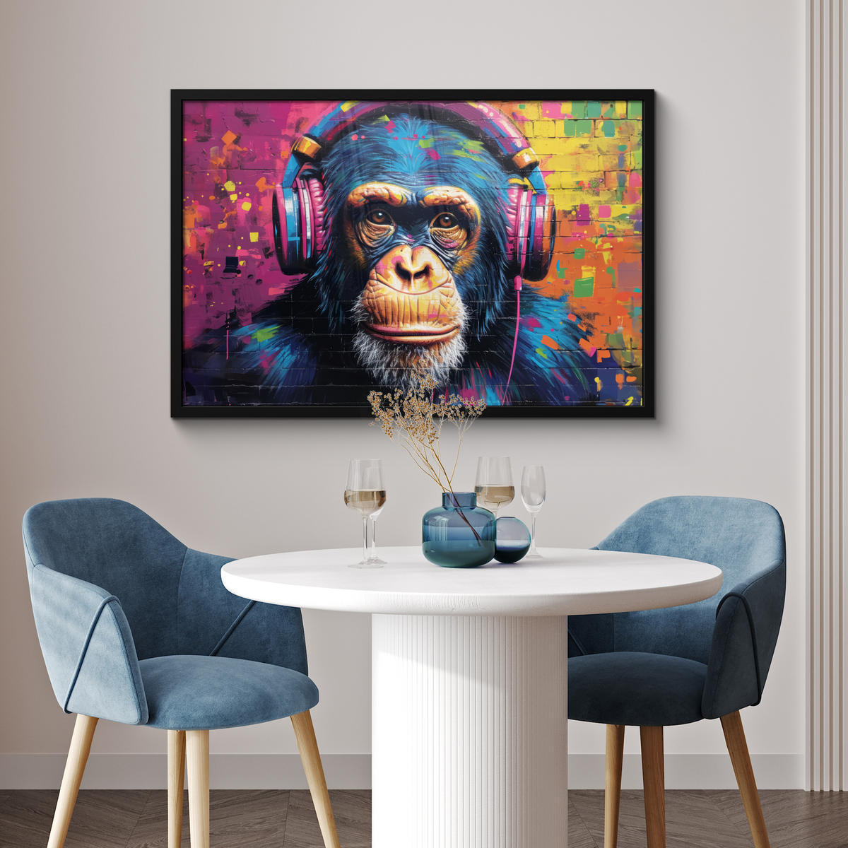 POSTER MIT RAHMEN Graffiti - Schimpanse - Straßenkunst - Kopfhörer - Affe 90x60 cm - Blau, Papier (90/60cm) - MuchoWow