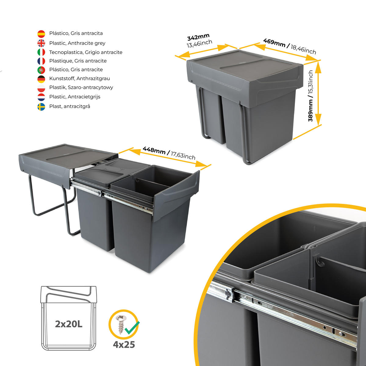 RECYCLINGBEHÄLTER anthrazitgrau 2x20l mit Deckel - Anthrazit, Kunststoff (34.2/39/46.9cm) - EMUCA