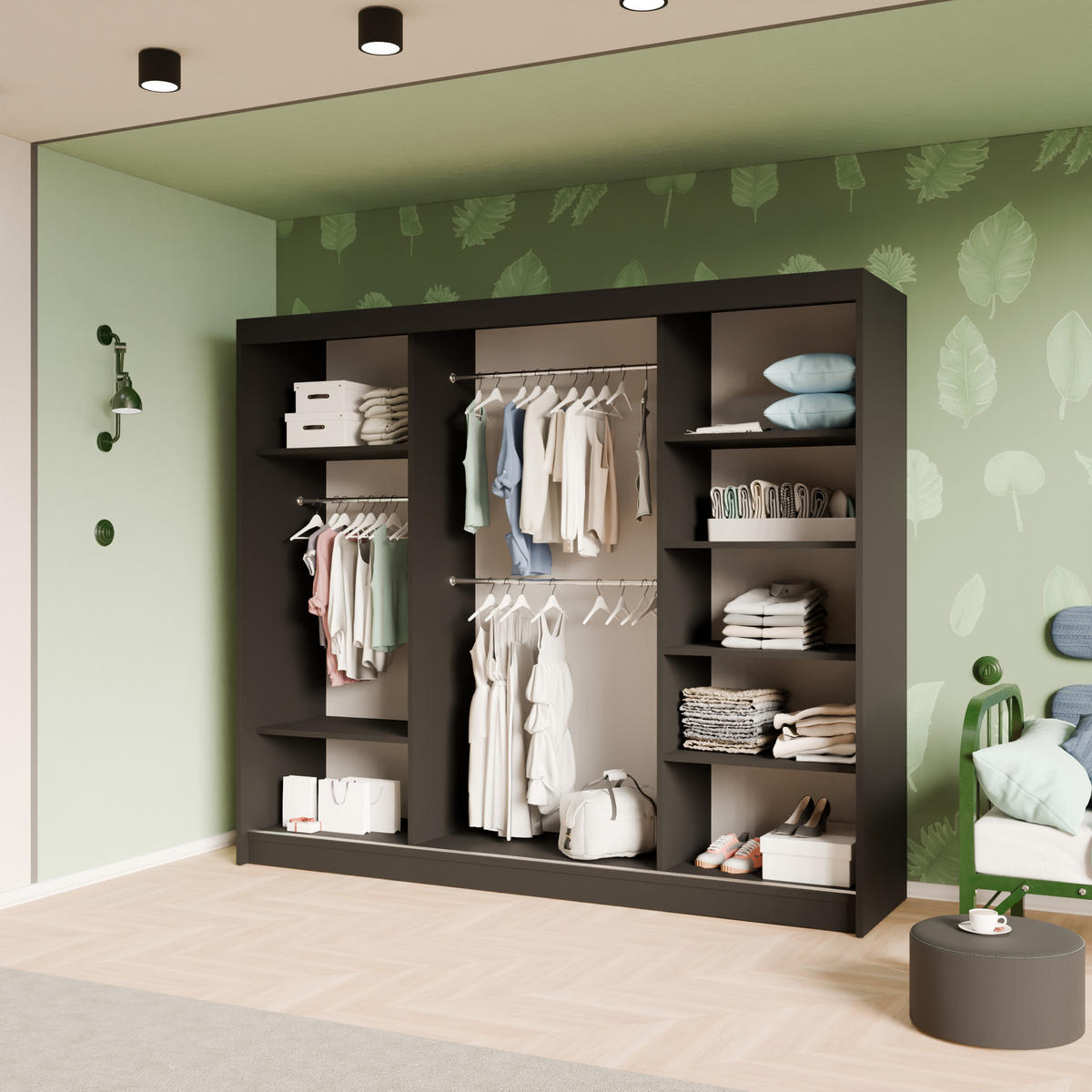 SCHIEBETÜRENSCHRANK ELIS - Schwarz/Weiß, Holzwerkstoff (250/215/61cm) - Meblini