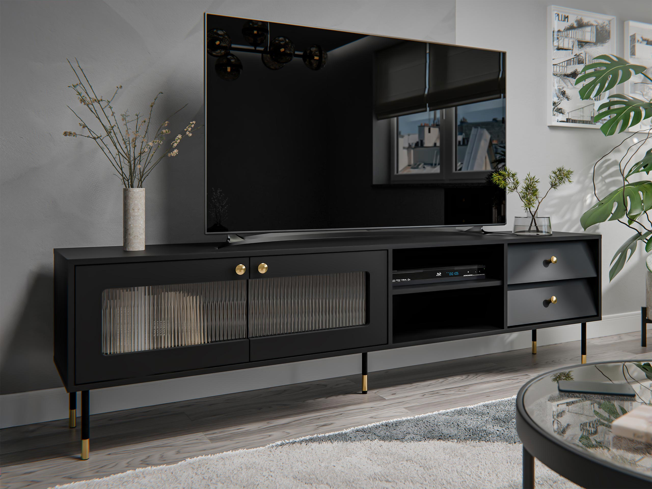 TV-LOWBOARD Valerio 200 - Goldfarben/Schwarz, Holzwerkstoff/Kunststoff (200/55/39cm) - MIRJAN24