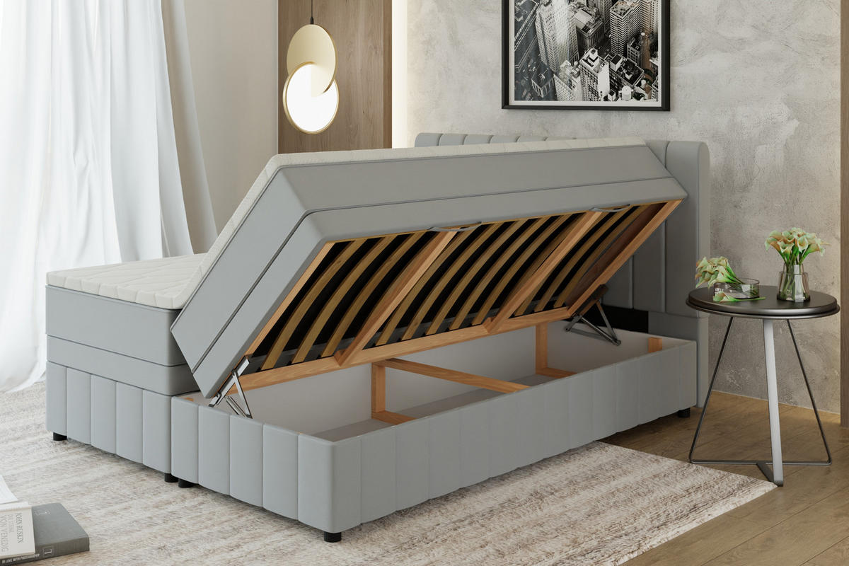 BOXBETT AVALON 160 x 200 cm mit Bettkasten und Topper - Hellgrau - Hellgrau, Holz - Panda Möbel