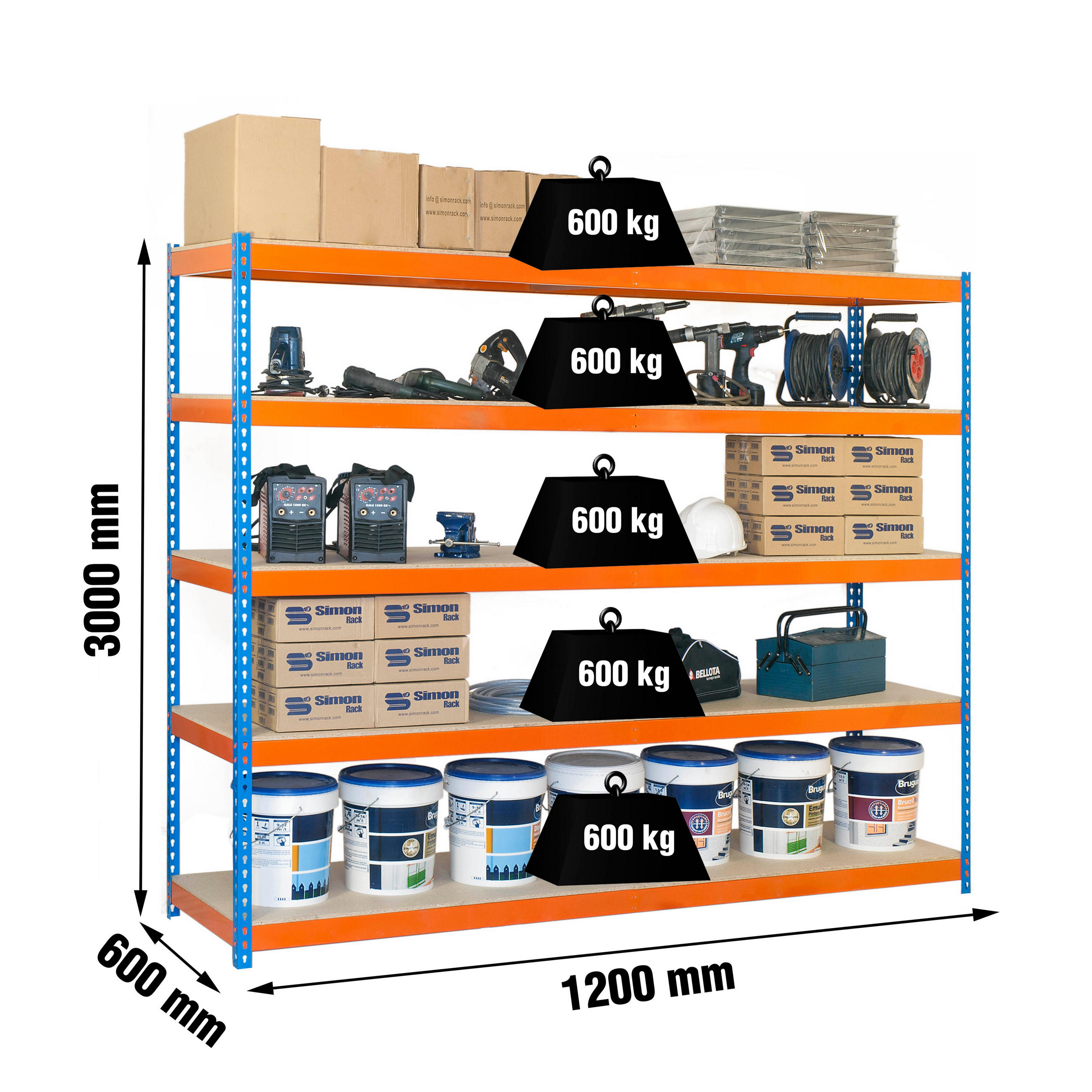 SCHWERLASTREGAL Wood Beast Five HxBxT 300 x 120 x 60 cm 5 Ebenen Fachlast 600 kg Blau-Orange - Gelb, Metall (120/300/60cm) - PROREGAL