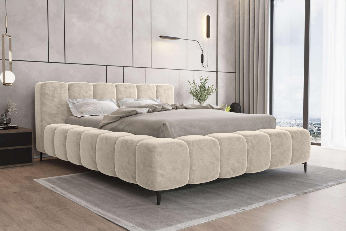 POLSTERBETT COZY Chenille Creme 160/200 cm - Creme/Schwarz, Textil/Metall (160/200cm) - 99rooms