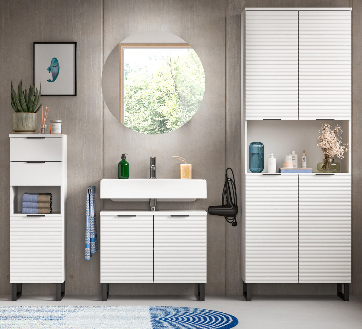 BADMÖBEL-SET 4-teilig weiß 205 cm, Komplettset mit Soft-Close - Weiß, Glas/Holzwerkstoff (105/193/34cm) - Inn.Furn